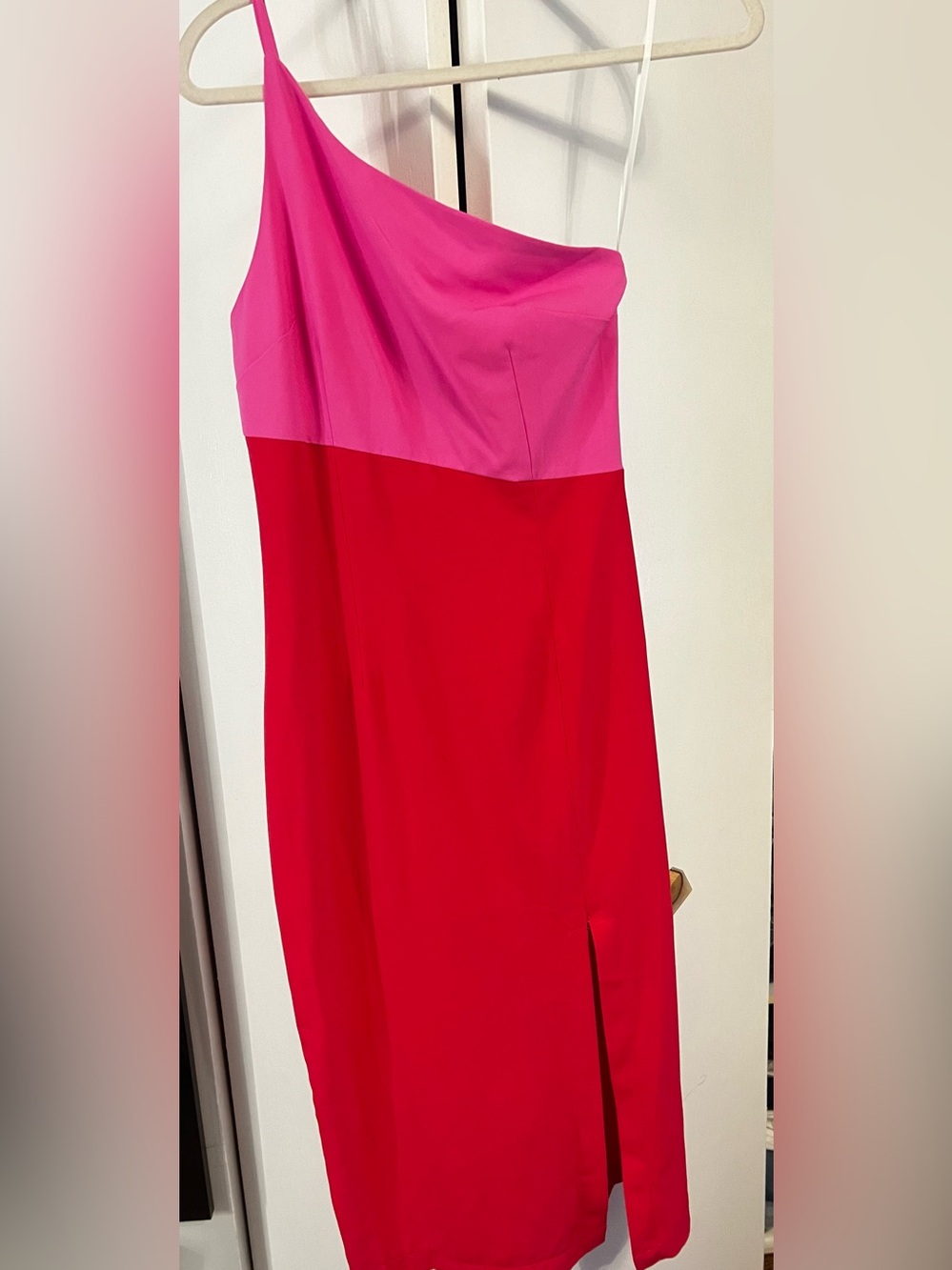 NWT Petal and Pup one -Shoulder Pink and Red Colorblock Midi Dress